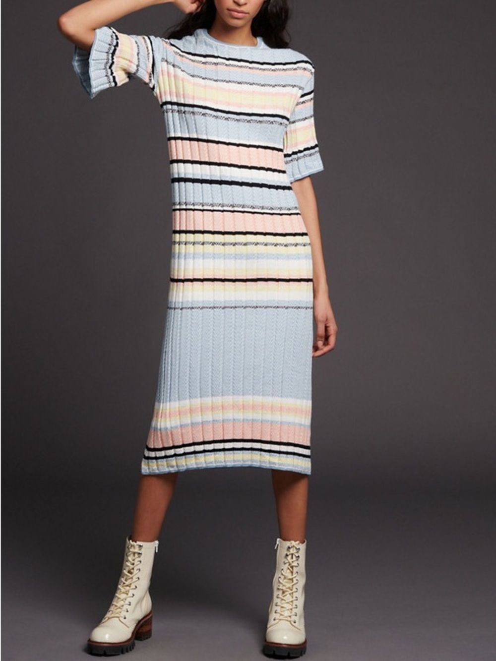 Maeve Anthropologie Roberta Sweater Dress Sz Medium Blue Multi Stripe Knit Midi